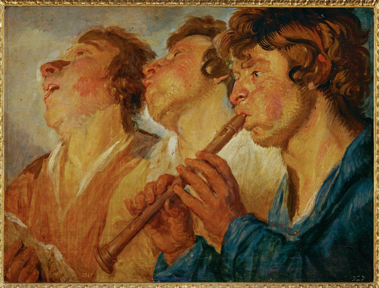 Três músicos errantes, dois cantando, um terceiro tocando ... (pintura sobre madeira) de Jacob Jordaens
