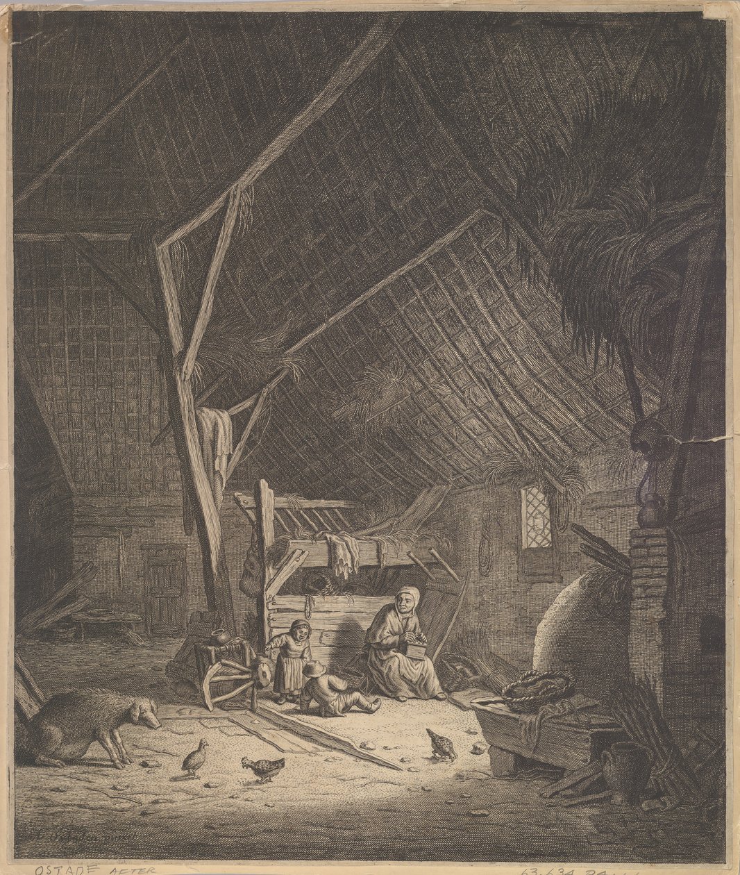 Interior de um Celeiro com Mãe e Dois Filhos, Bem na Frente um exemplar de Porco, Séc. XVII. de Jacob Louys
