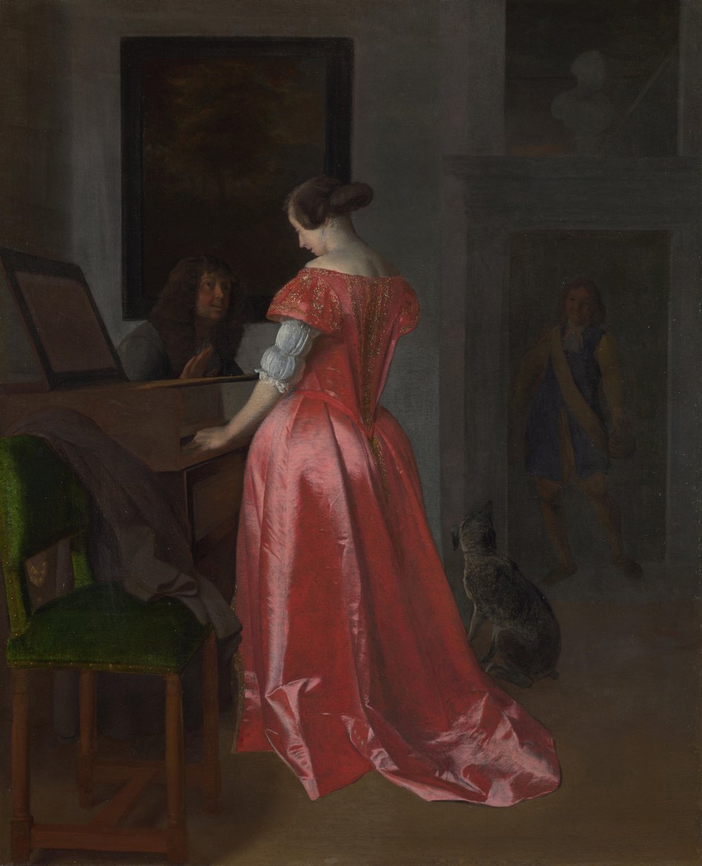 Uma mulher em pé num cravo, cerca de 1675 de Jacob Lucasz. Ochtervelt