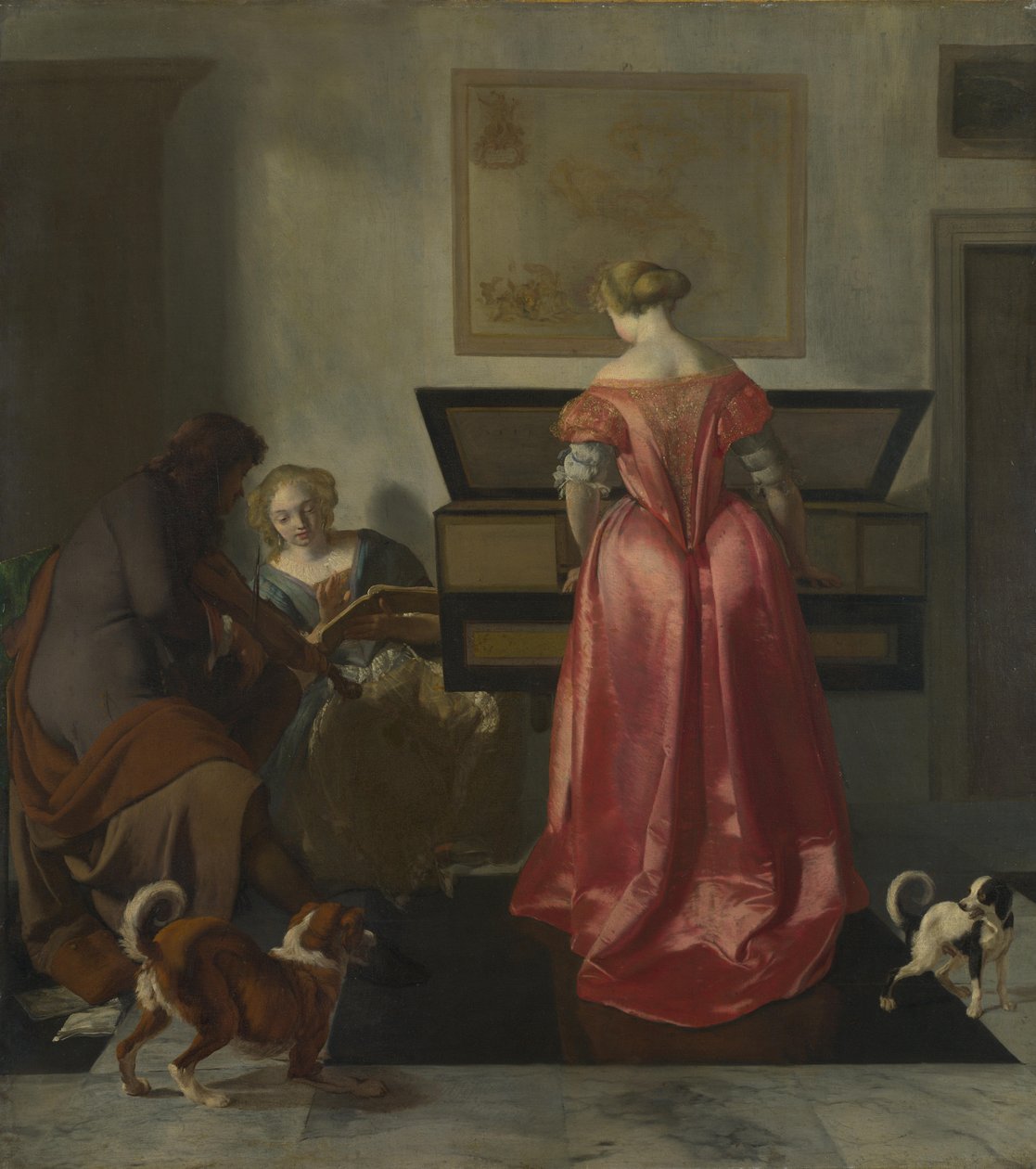 Duas mulheres e um homem fazendo música, cerca de 1675 de Jacob Lucasz. Ochtervelt