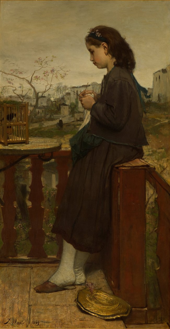 Rapariga a tricotar numa varanda, Montmartre de Jacob Maris