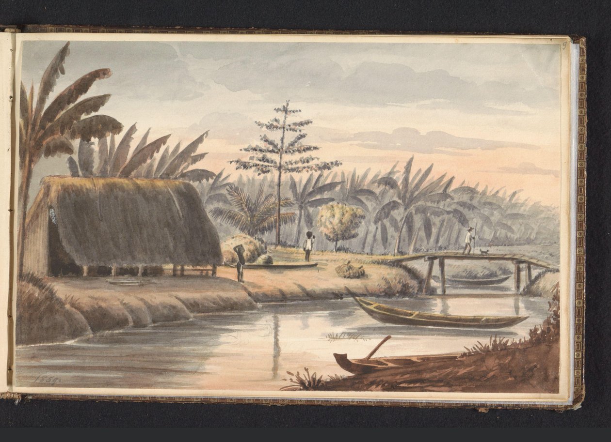 Plantação de cuidados do pescador com campo de banana Banana Ground Fisheries Care (título no objeto) Álbum com desenhos do Suriname, p.9 (50) (título da série) de Jacob Marius Adriaan Martini van Geffen