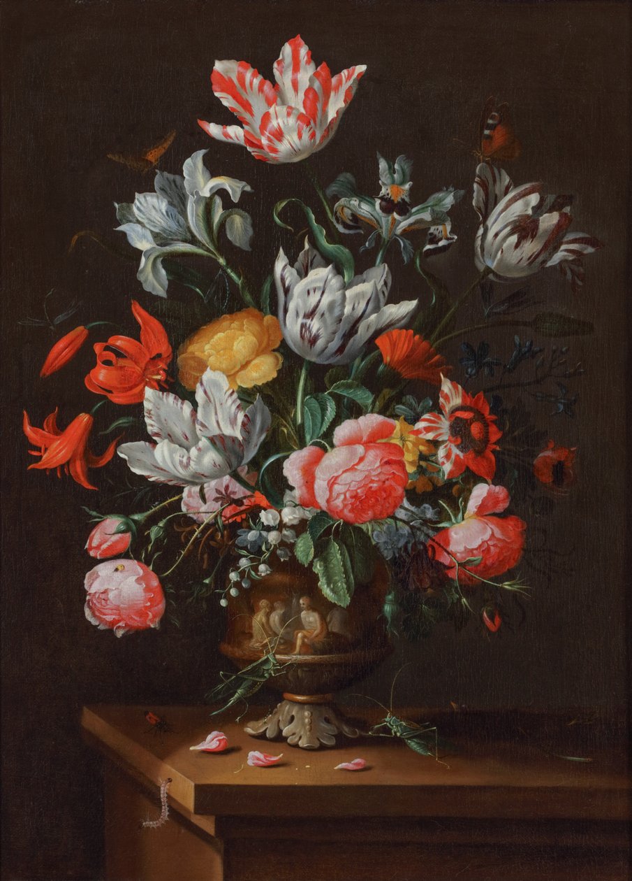 Tulipas e outras flores num vaso barroco de grés pintado sobre um parapeito de madeira de Jacob Marrel
