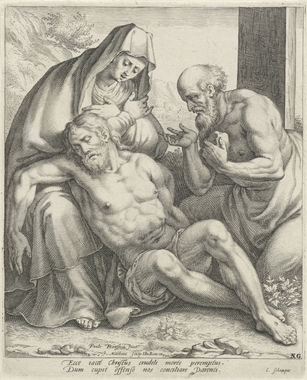 Lamentação de Cristo por Maria e São Jerônimo de Jacob Matham
