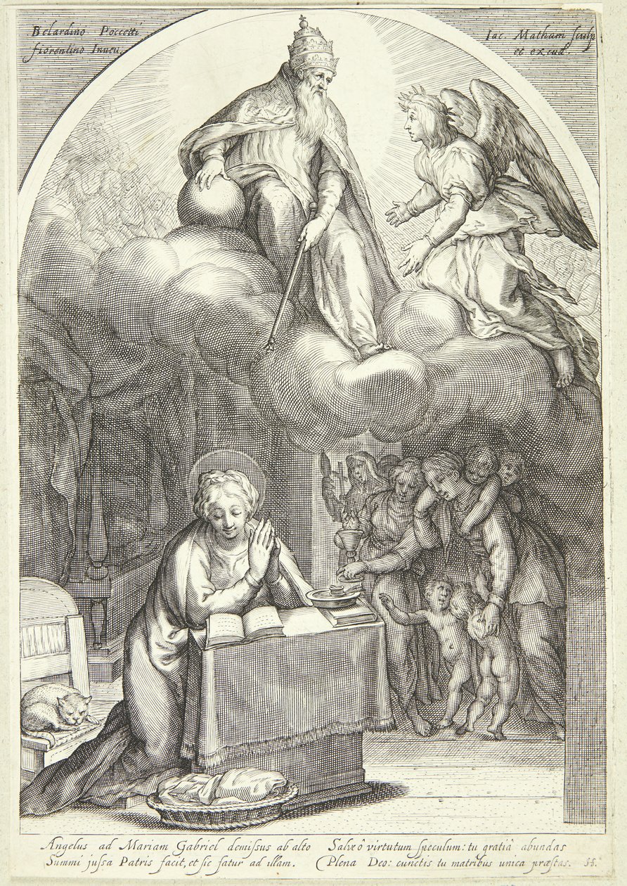 O Senhor e Gabriel encontram a Anunciação, Maria ajoelhada abaixo de Jacob Matham