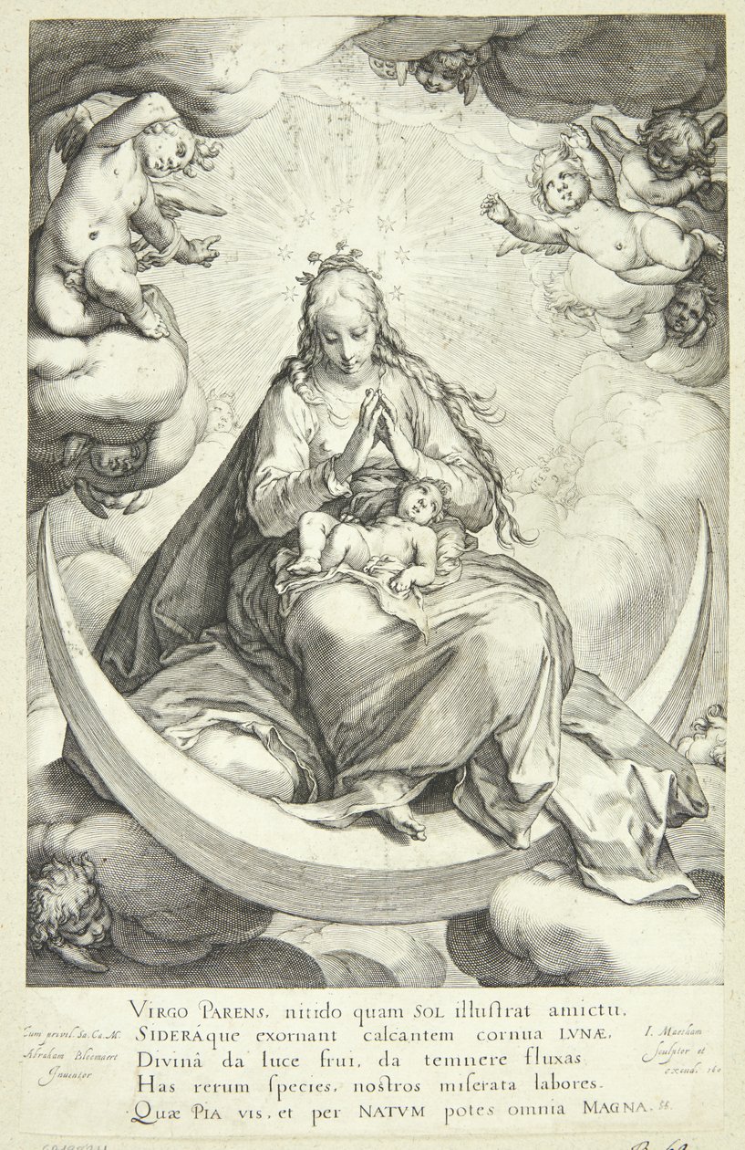 Virgem Maria com o menino Jesus no selo crescente, cercado por anjos de Jacob Matham
