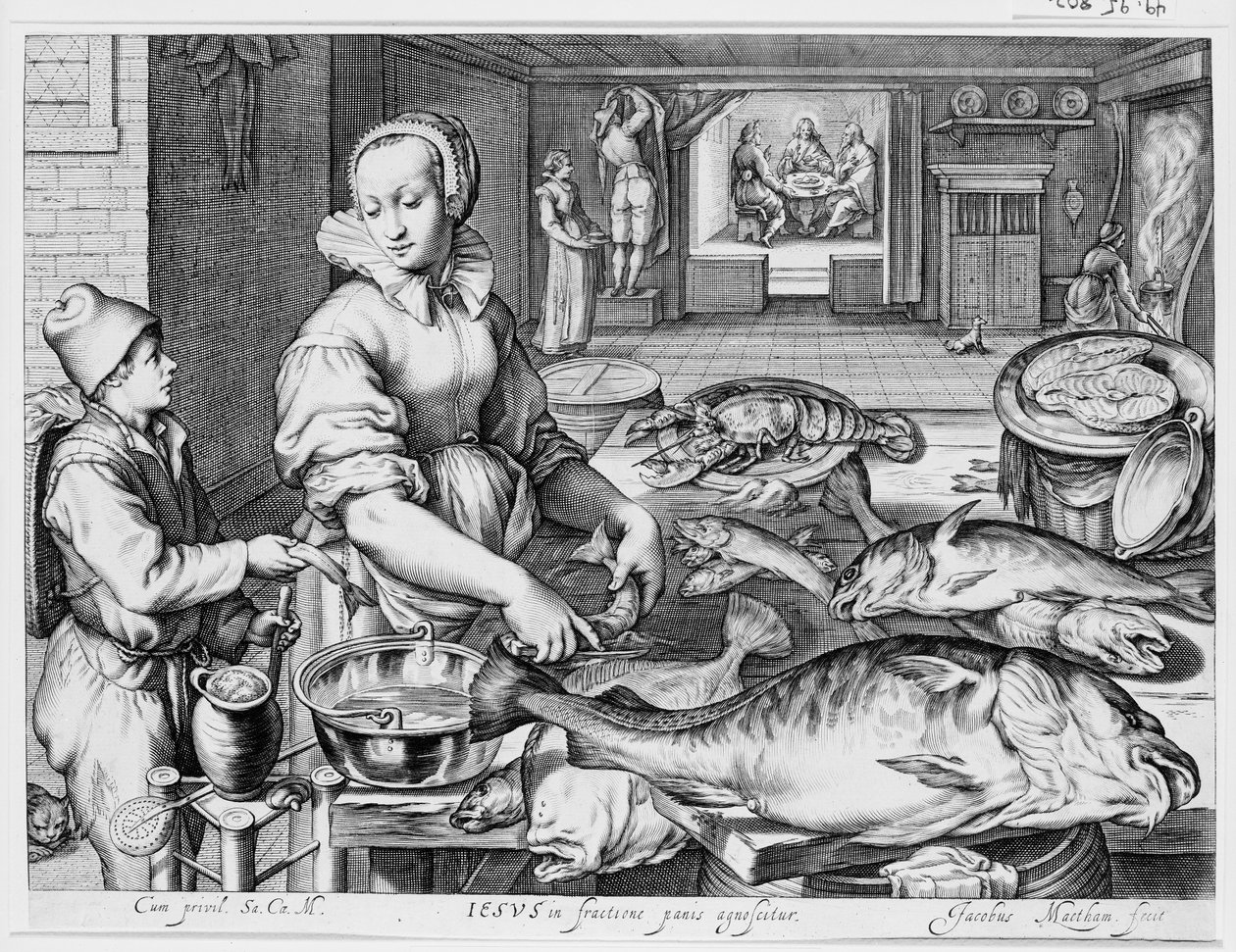 Cena de cozinha com criada a preparar peixe, Cristo em Emaús ao fundo, de Cenas de cozinha e de mercado com cenas bíblicas ao fundo de Jacob Matham