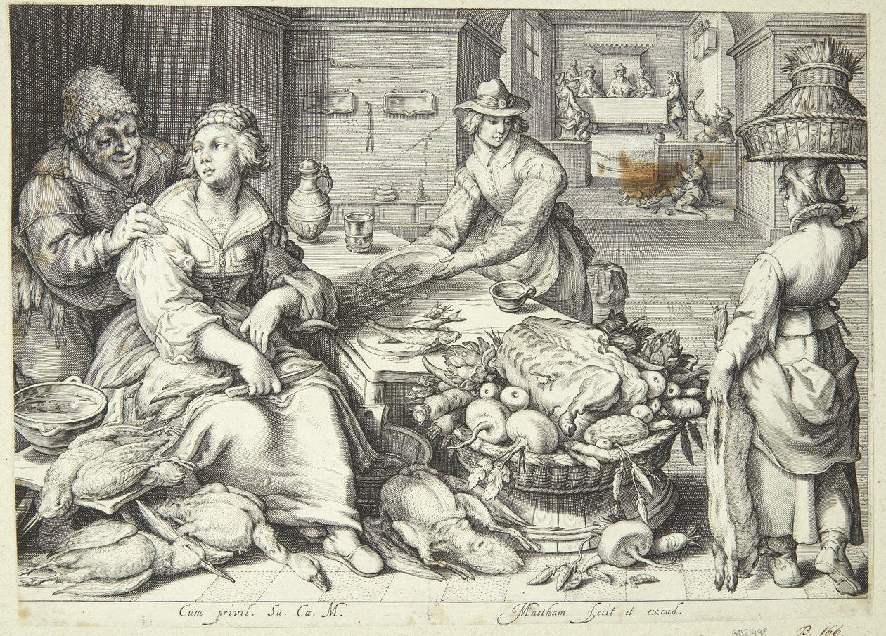Cena de cozinha com uma senhora de cozinha colhendo aves de Jacob Matham