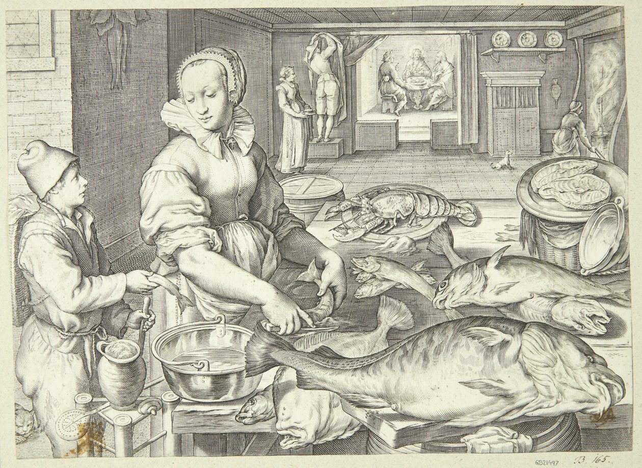 Cena de cozinha com uma senhora de cozinha limpando peixe de Jacob Matham