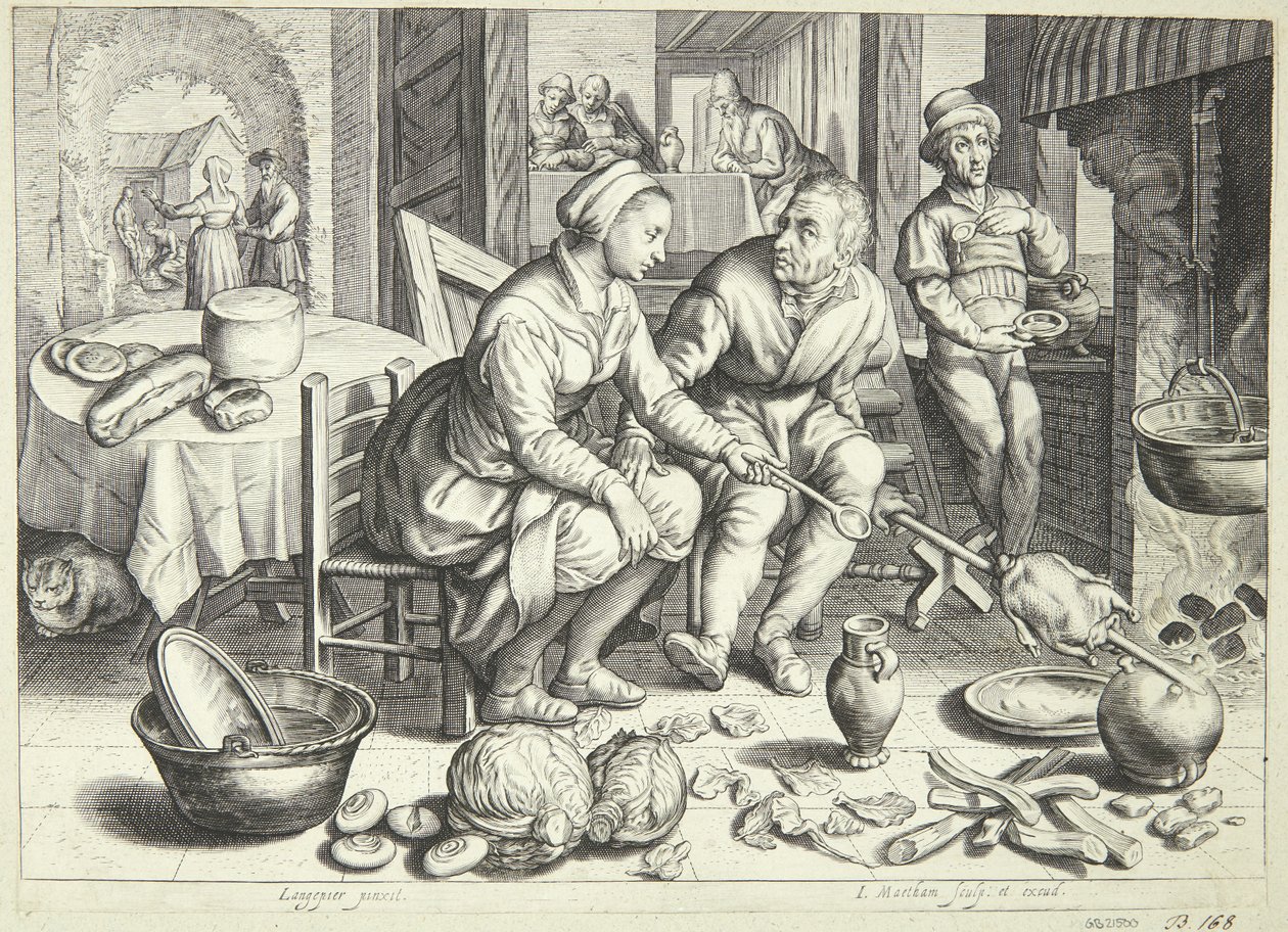 Cena de cozinha com um homem e uma mulher assando um frango de Jacob Matham