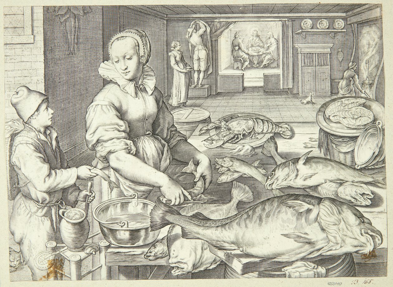 Cena de cozinha com uma senhora de cozinha limpando peixe de Jacob Matham