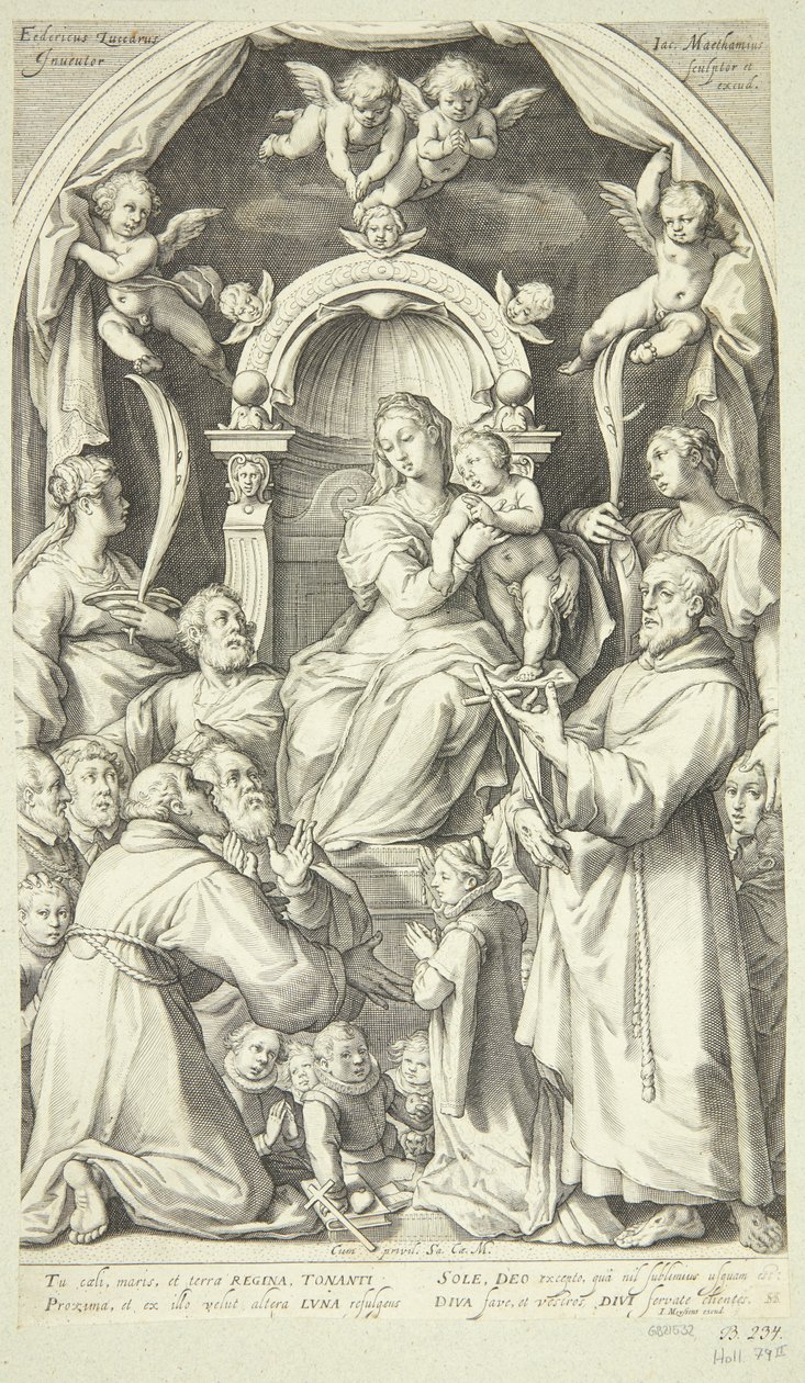Maria e o Menino com padroeiros e santos (Santa Lúcia, Catarina de Alexandria, Francisco de Assis e membros da família Zuccaro) de Jacob Matham
