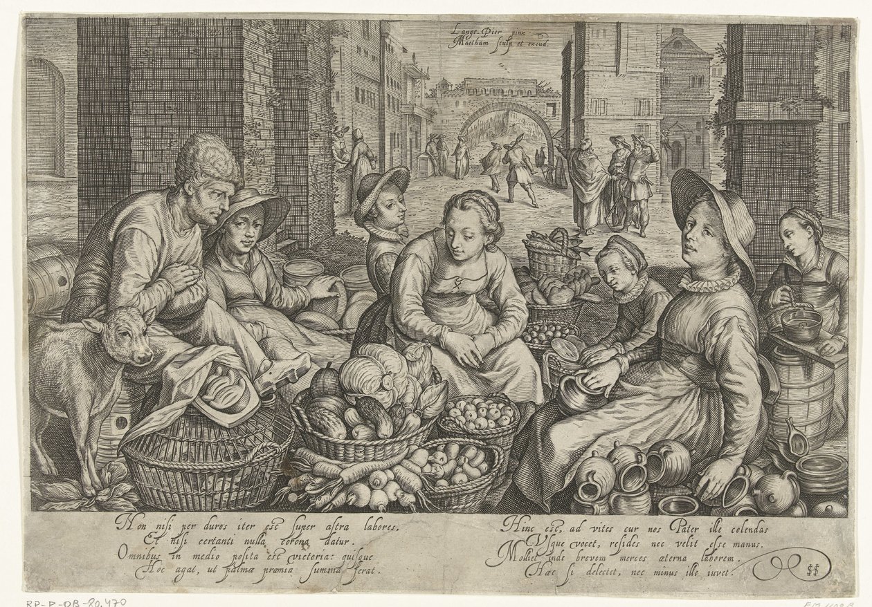 Cena do mercado com a parábola dos trabalhadores da vinha ao fundo, c. 1600 de Jacob Matham