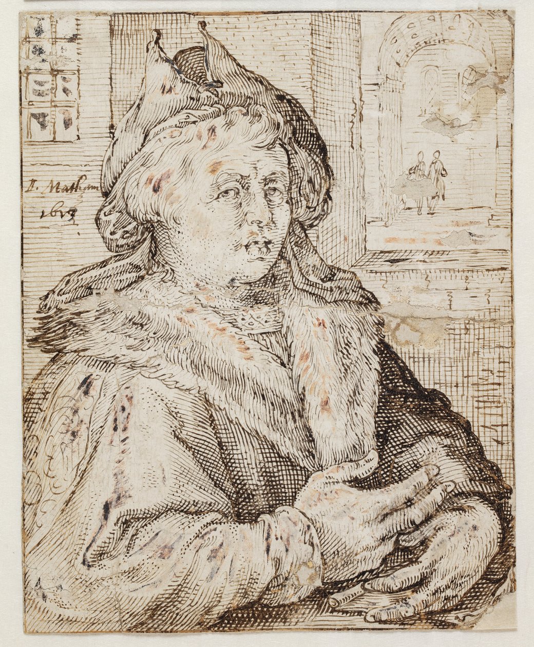 Retrato de um homem com chapéu e manto com abas de pele, de frente para h. T.h. através de uma janela que abre vista para outros quartos de Jacob Matham