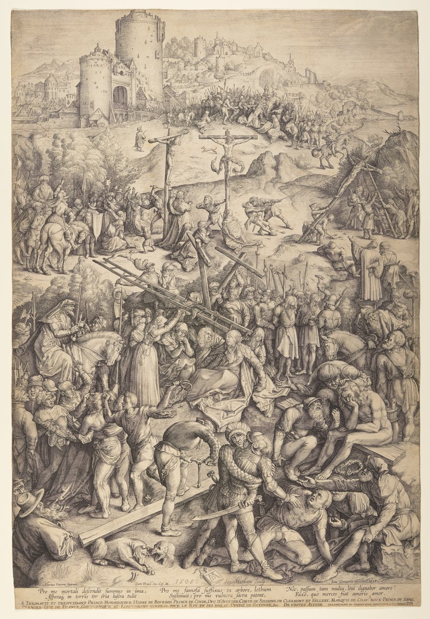A zombaria, a flagelação e a crucificação de Cristo de Jacob Matham