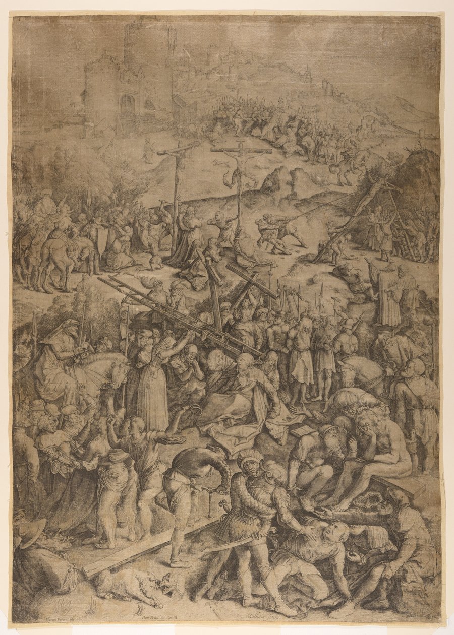 A zombaria, a flagelação e a crucificação de Cristo de Jacob Matham