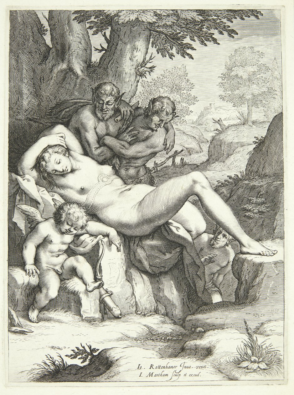 Vênus e Cupido dormem e são observados por sátiros de Jacob Matham