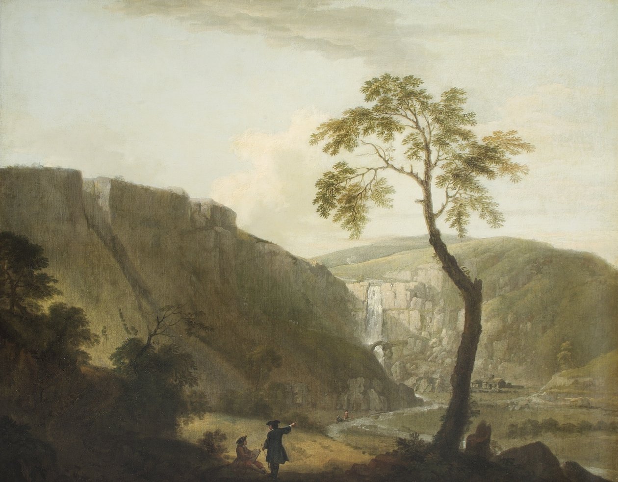 Uma paisagem rochosa com uma cachoeira e um artista sentado em primeiro plano de Jacob More