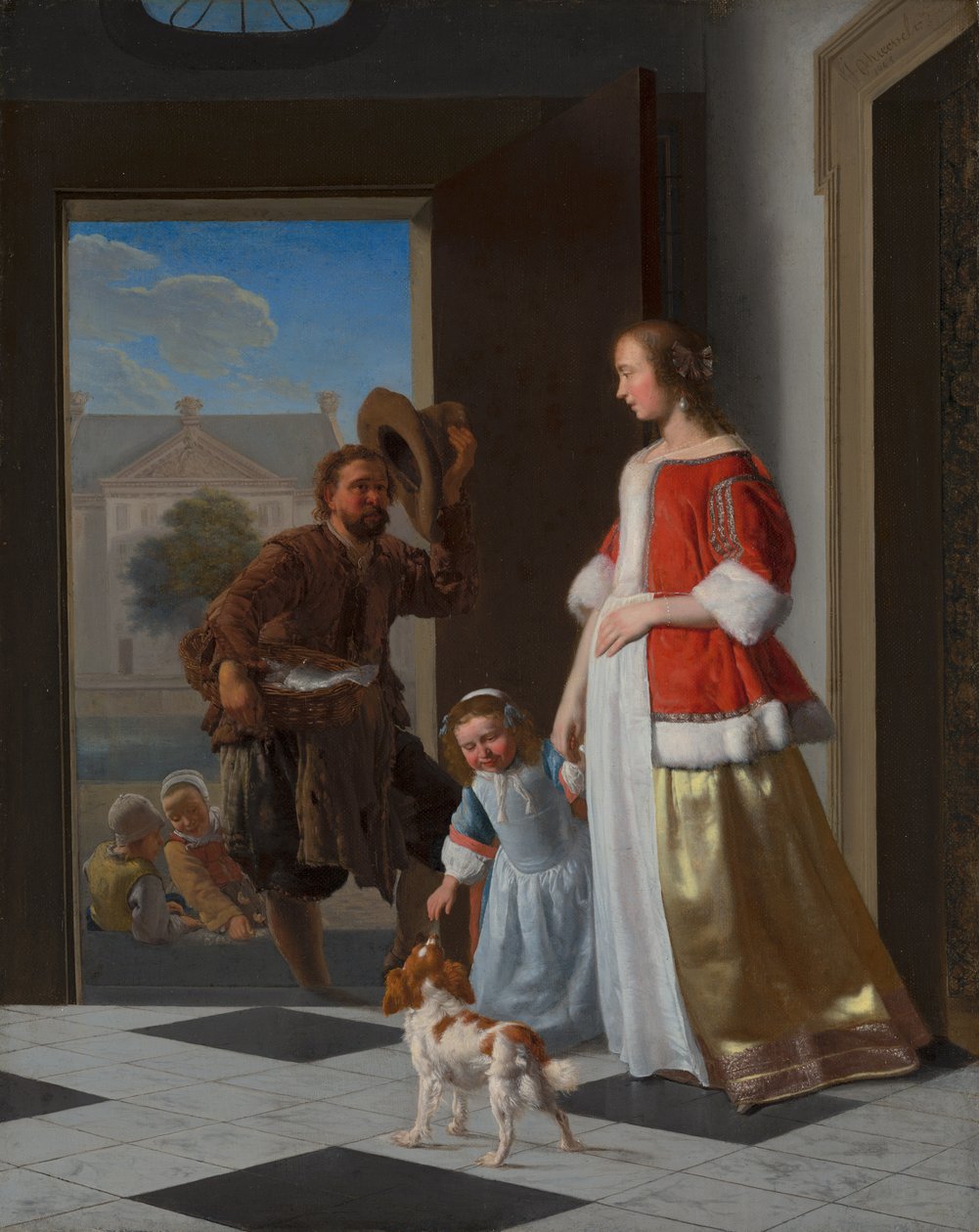 Um peixeiro na porta, 1663 (óleo sobre tela no painel) de Jacob Lucasz Ochtervelt