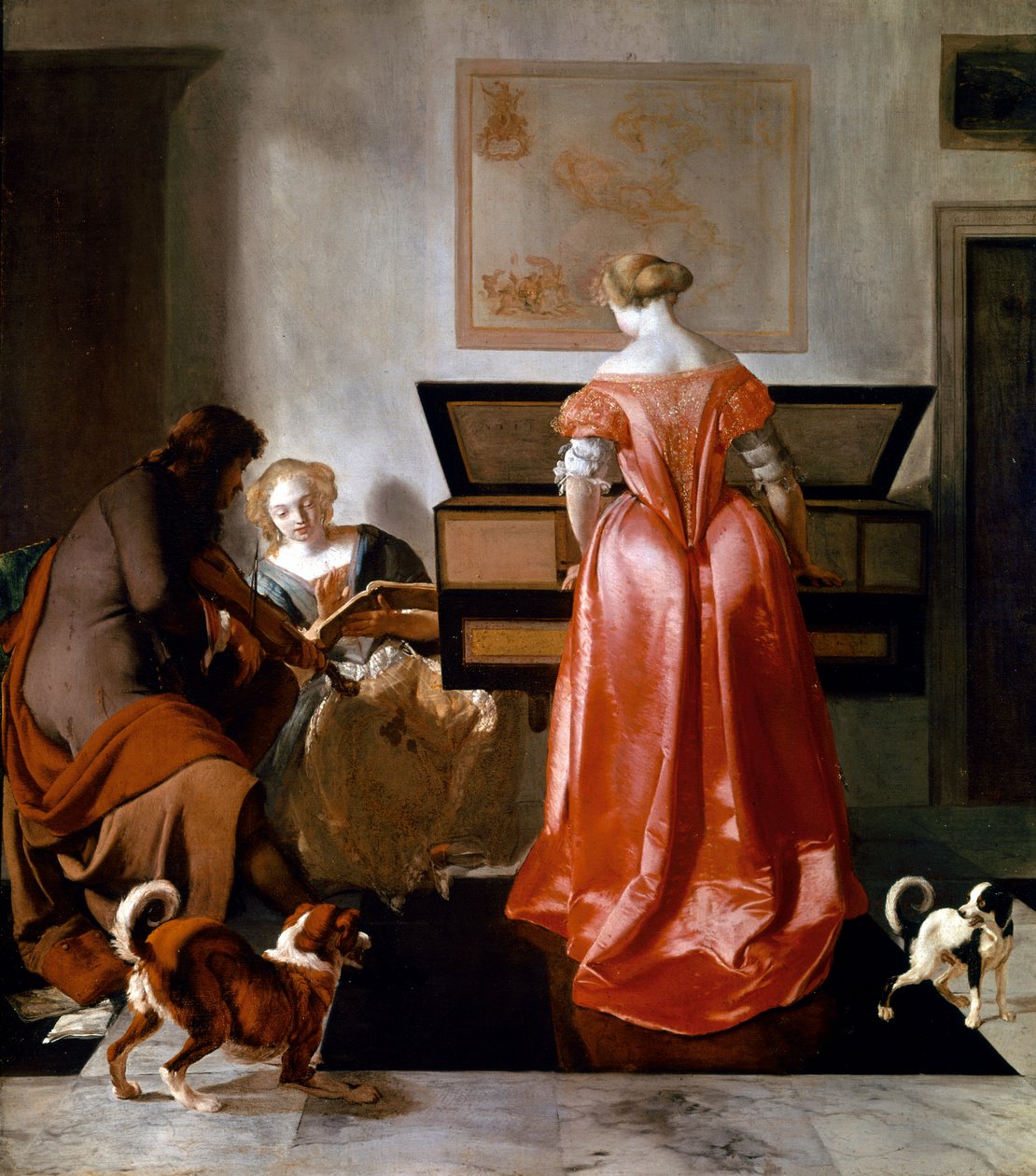 Uma mulher a tocar um virginal, outra a cantar e um homem a tocar violino. 1675-1682. (óleo sobre tela) de Jacob Ochtervelt