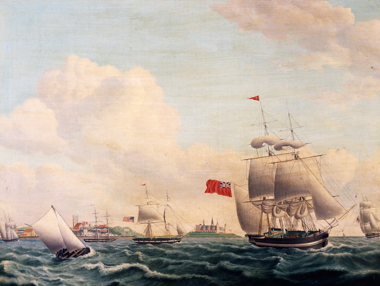 Navios navegando pelo Estreito de Oresund entre a Suécia e a Dinamarca com o Castelo de Kronborg ao fundo de Jacob Petersen