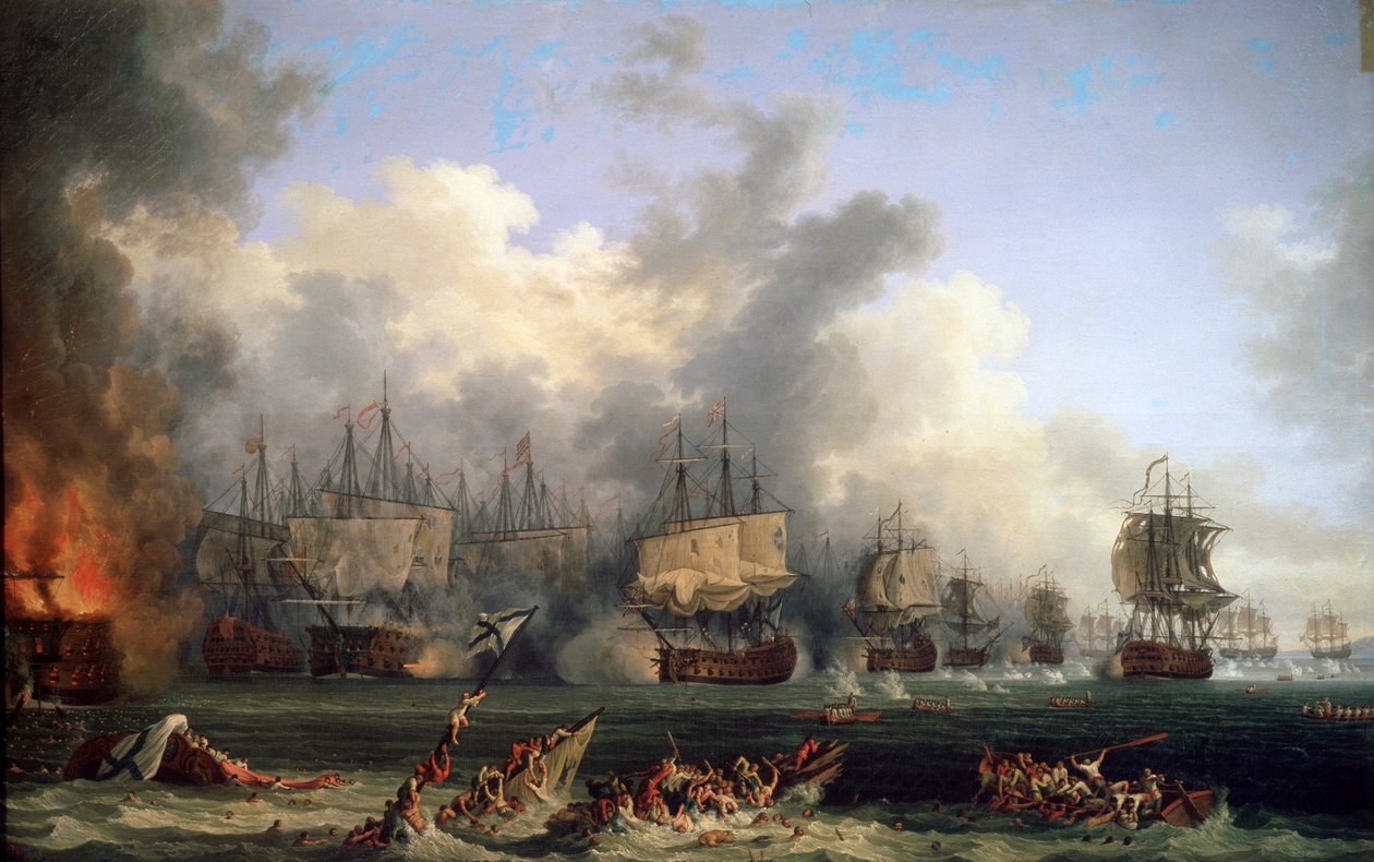 O naufrágio do navio de guerra russo St. Evstafius na batalha naval de Chesma, 1771. de Jacob Philipp Hackert
