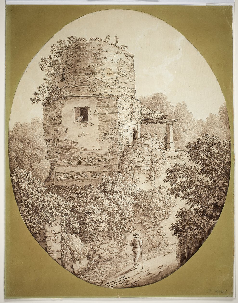 Torre com homem andando de Jacob Philipp Hackert