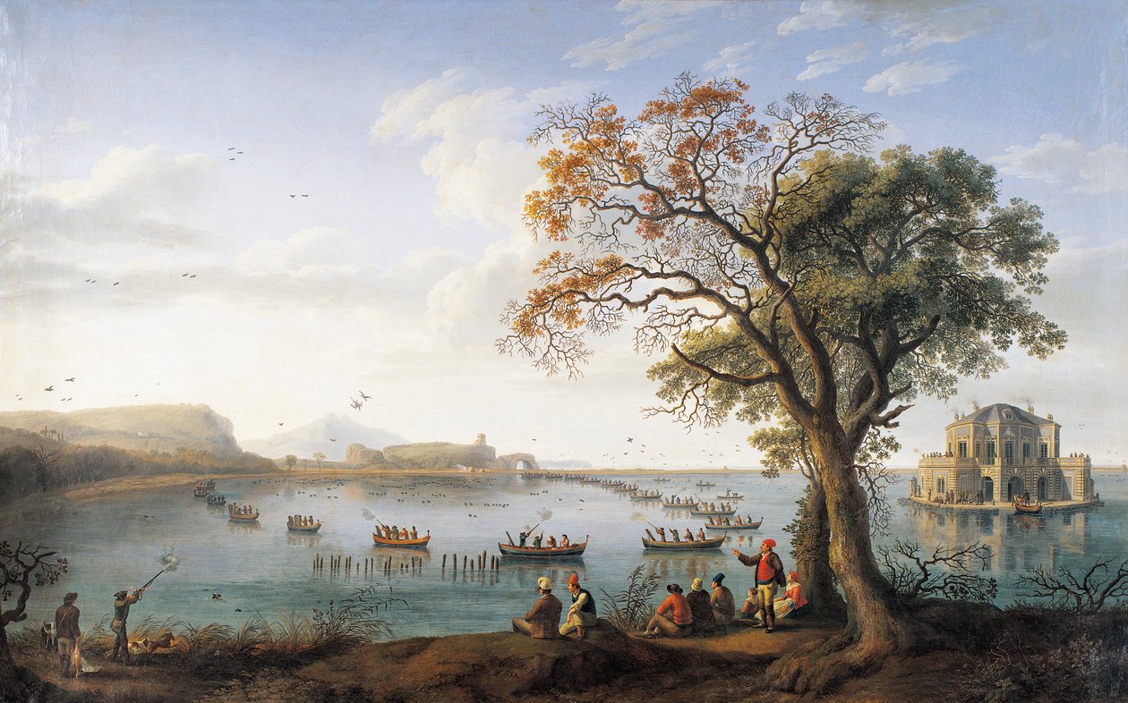 Caça ao Coot no Lago Fusano (óleo sobre tela) de Jacob Philippe Hackert