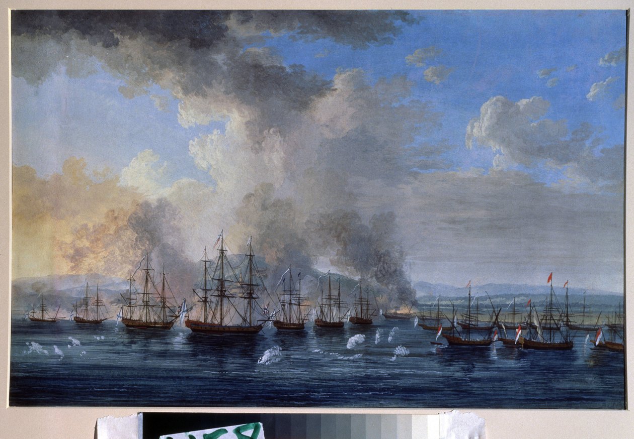 Guerra Russo-Otomana: "A Batalha naval de Damietta em 1770" (La bataille navale du chateau de Damiette en 1770) Opõe-se às frotas da Rússia de Catarina II e do Império Otomano (Orloff Revolution ou Orloff Brothers Expedition). Pintura de Jacob Philippe Hackert