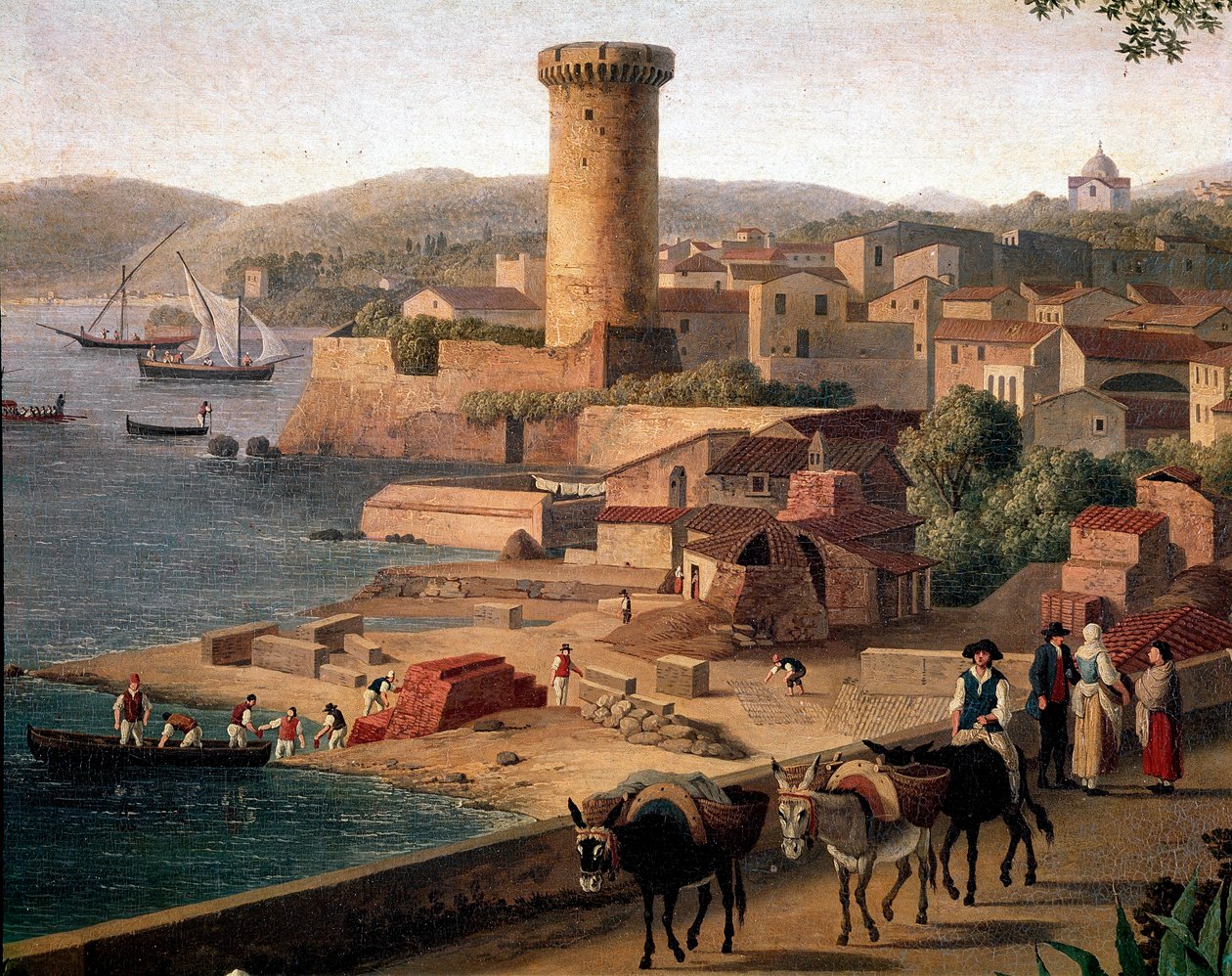 Paisagem de Gaeta (Gaete) com fábrica de tijolos Detalhe. Pintura de Jacob Philipp Hackert dit Hackert d