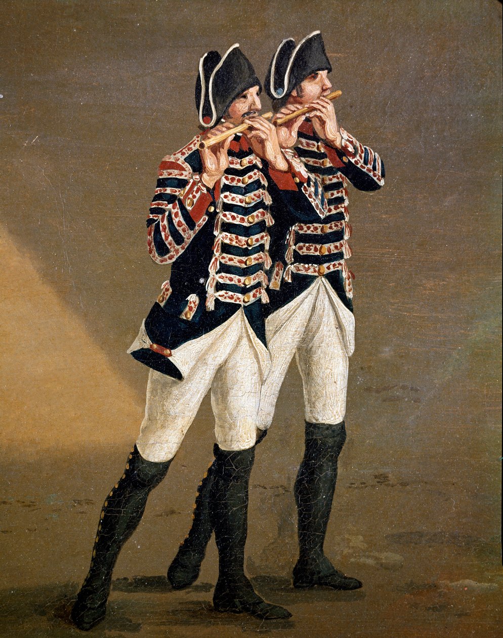 Músicos da Orquestra de Bourbon (flautistas da orquestra borbónica) Detalhe - Pintura de Jacob Philipp Hackert dit Hackert d