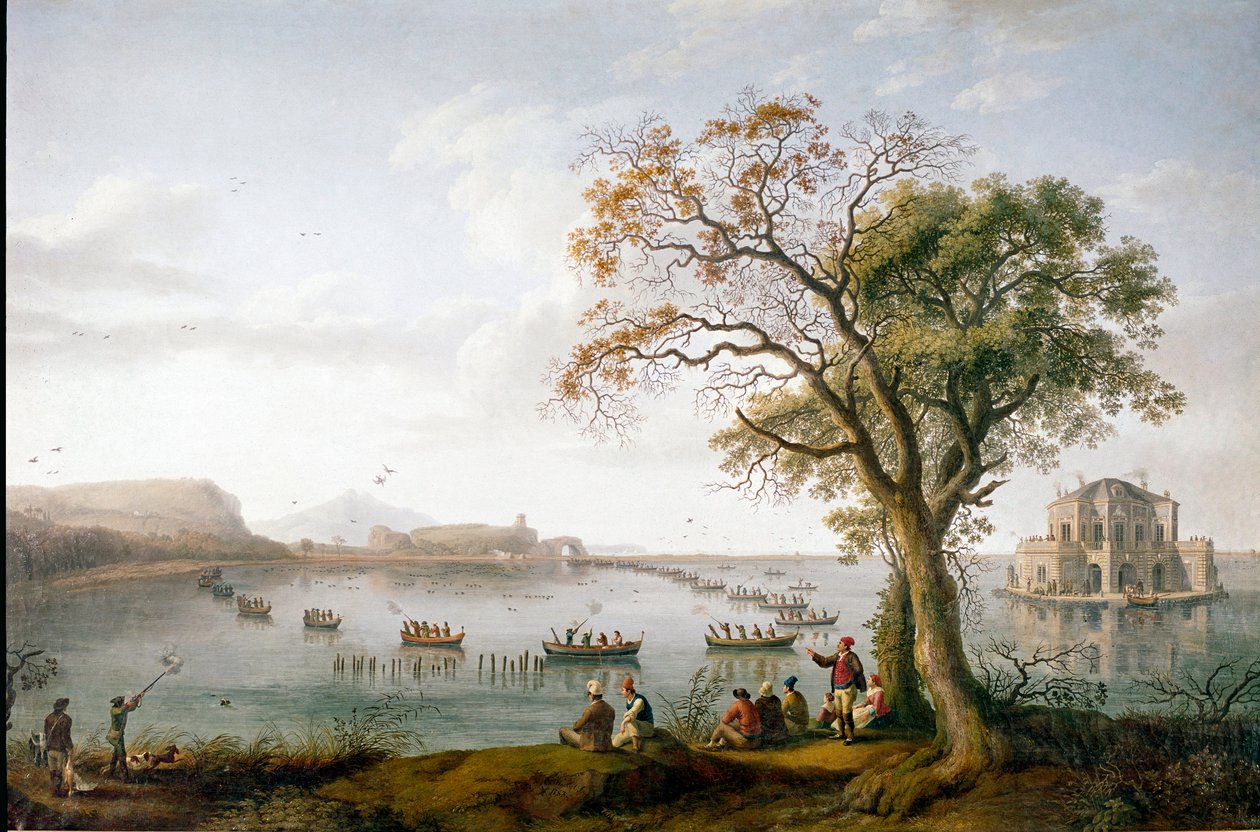 A caça ao galeirão de Ferdinand I das duas Sicílias no Lago Fusaro, perto de Nápoles, Itália de Jacob Philippe Hackert
