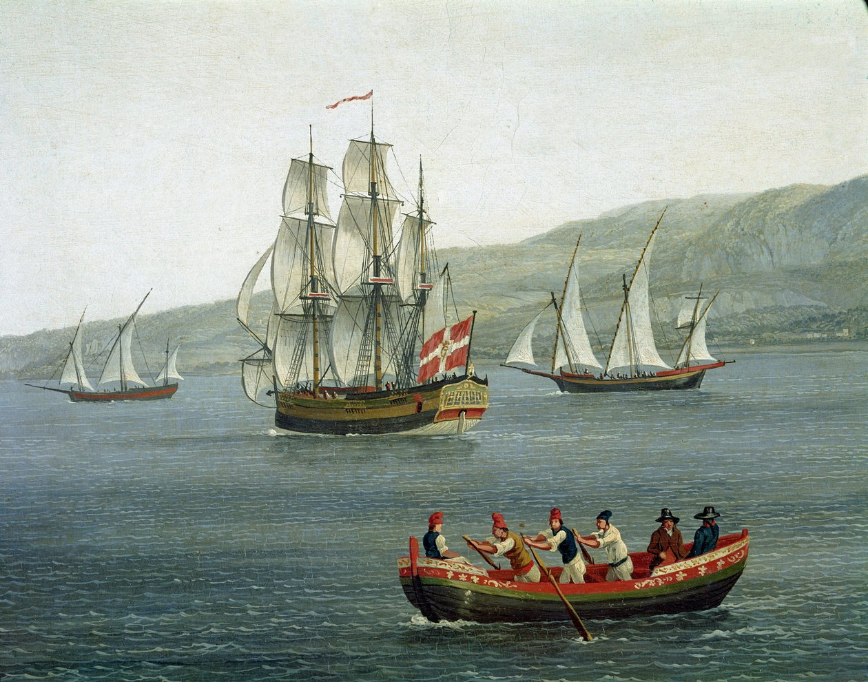 Vista de navios no Detroit de Messina, Reggio Calabria, Itália - (Navios na reta de Messina entre Reggio Calabria e Sicília) Pintura de Detalhe de Jacob Philipp Hackert dit Hackert d