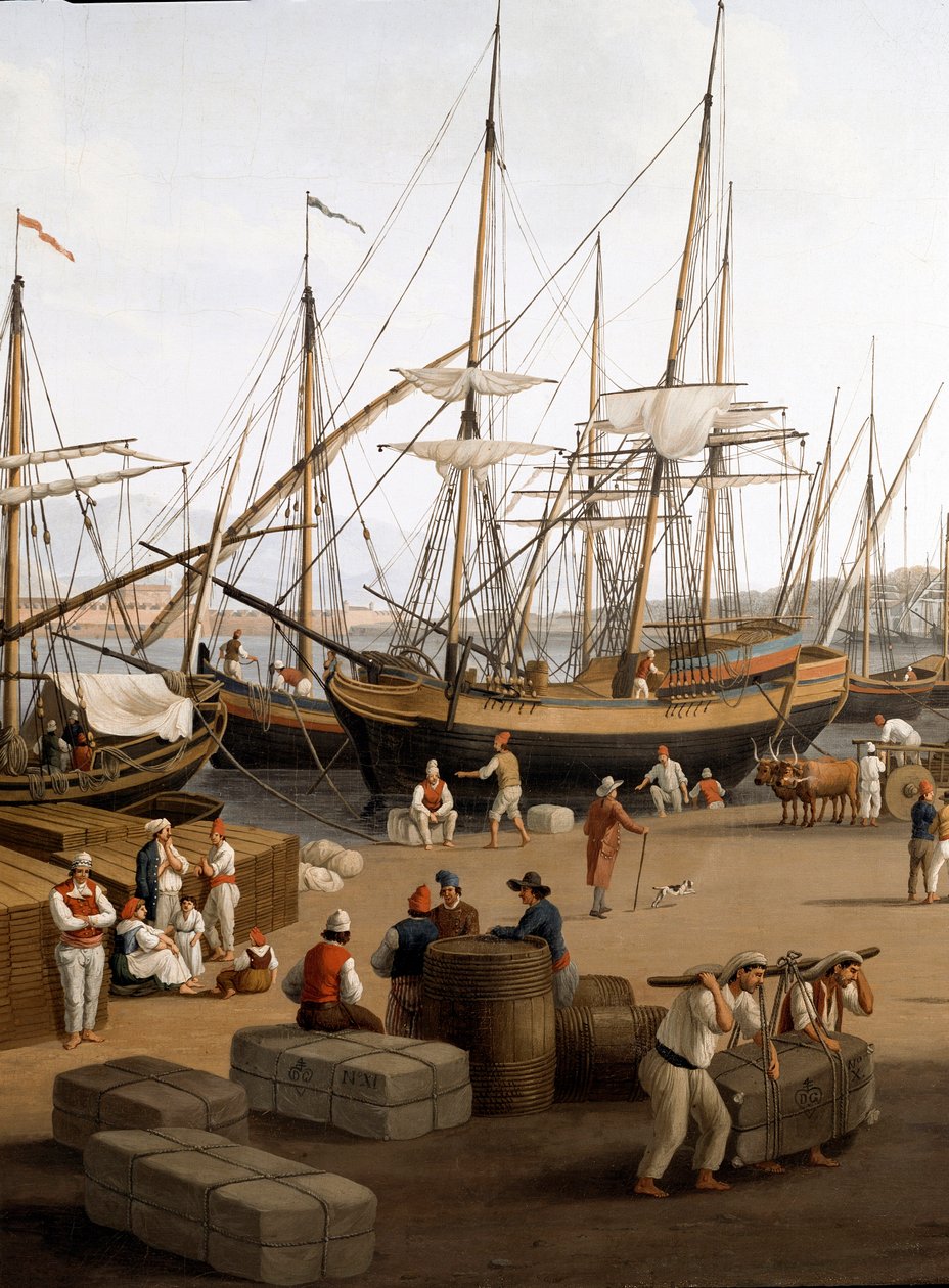 Vista do porto de Messina (Messina) na Sicília Dockers no porto de descarga da mercadoria - Pintura de Jacob Philipp Hackert dit Hackert d