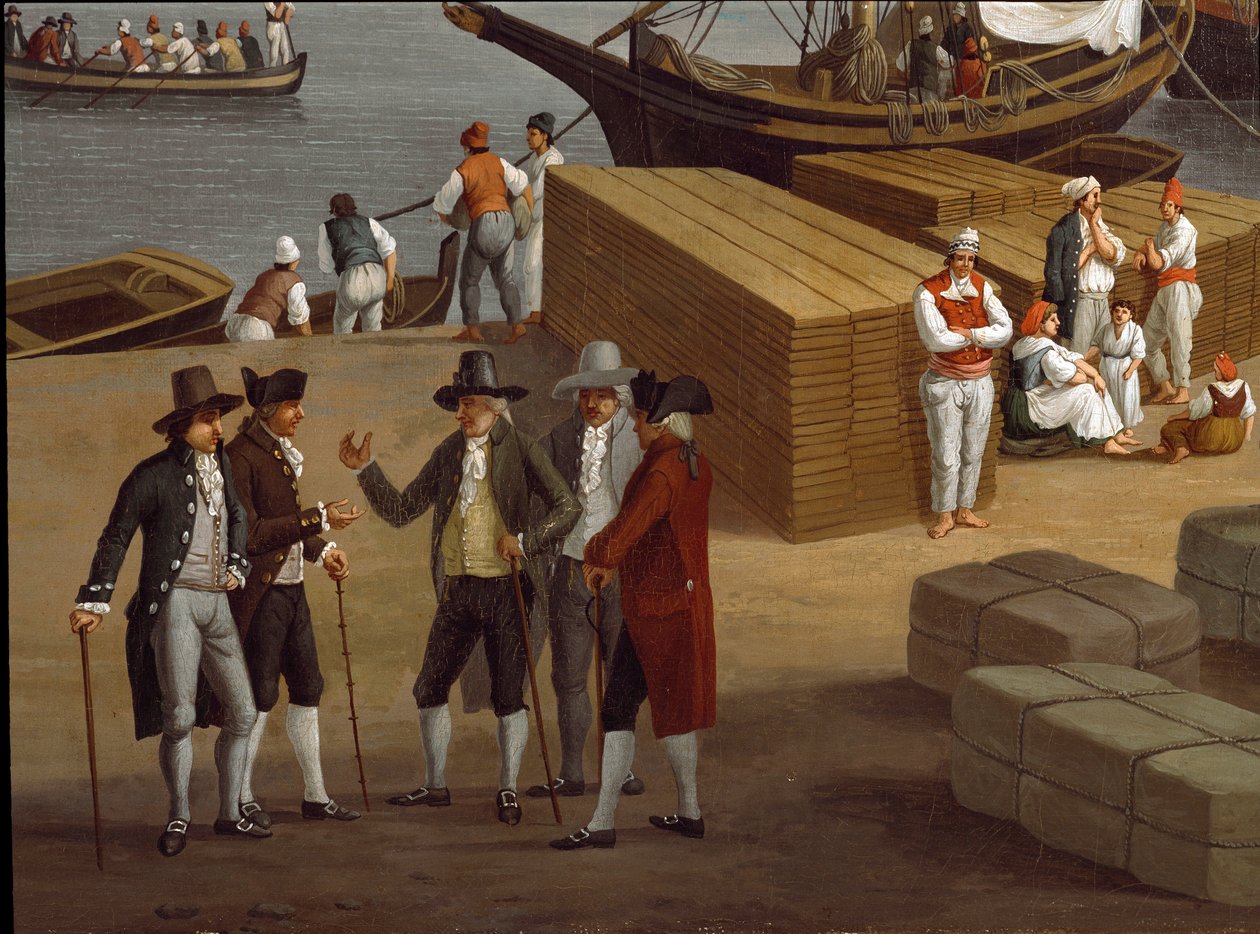 Vista do porto de Messina (Messina), na Sicília, detalhe representando um grupo de comerciantes ricos negociantes - Pintura de Jacob Philipp Hackert dit Hackert d