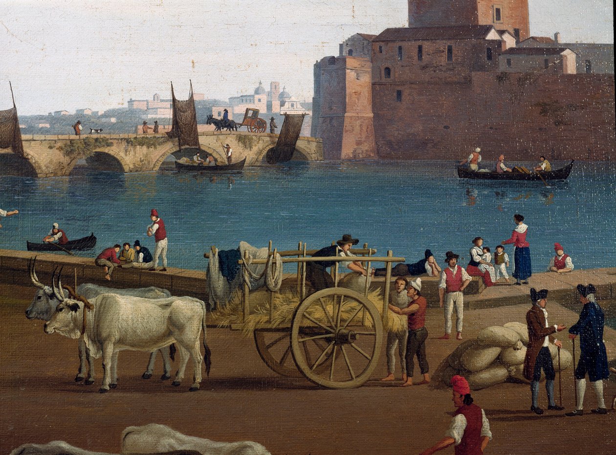 Vista do porto de Taranto (Taranto) na Itália no século XVIII Dockers no porto descarregando a mercadoria, carro puxado por bois - Pintura de Jacob Philipp Hackert dit Hackert d