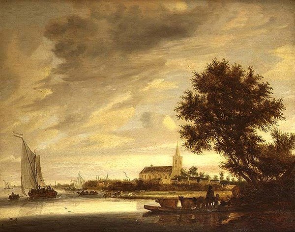 Uma paisagem fluvial com um ferry em primeiro plano de Jacob Salomonsz. (circle of) Ruysdael
