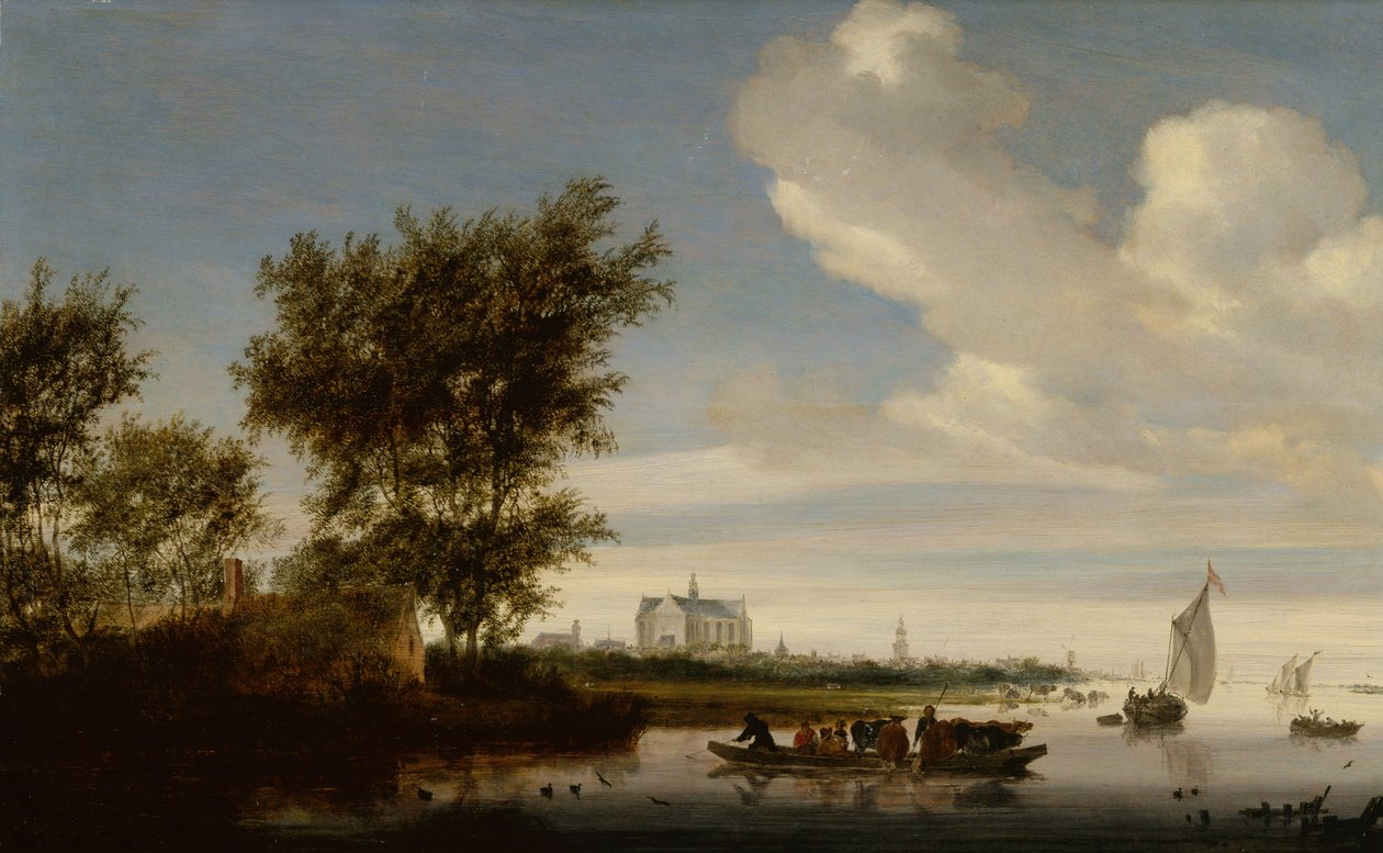 Uma visão distante de Alkmaar com camponeses e gado em uma balsa de Jacob Salomonsz. Ruysdael