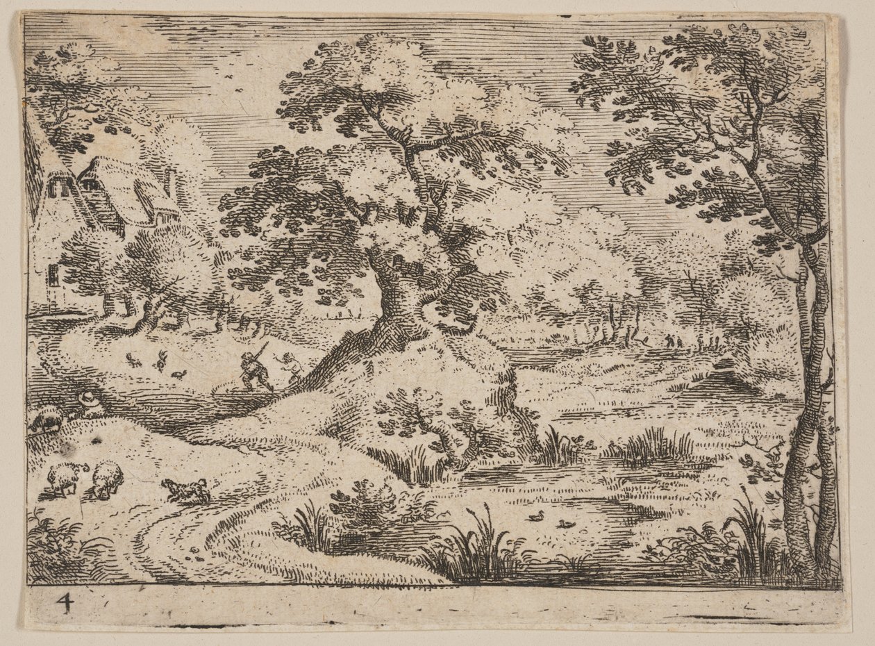 Caminho junto a um pântano: Cão de pastor e ovelha, de Paisagens de Jacob Savery I