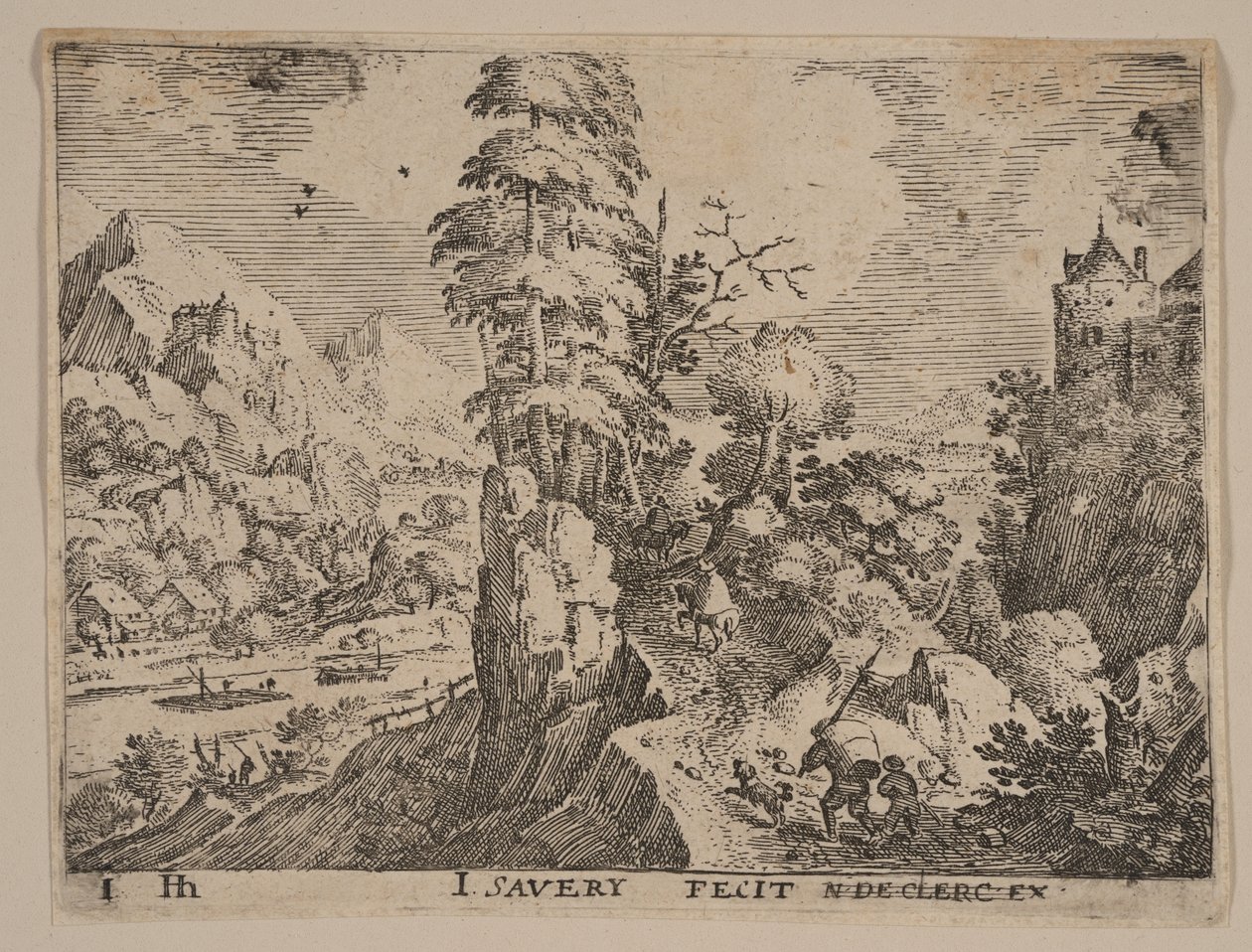 Caminho com viajantes à direita do rio, de Paisagens de Jacob Savery I