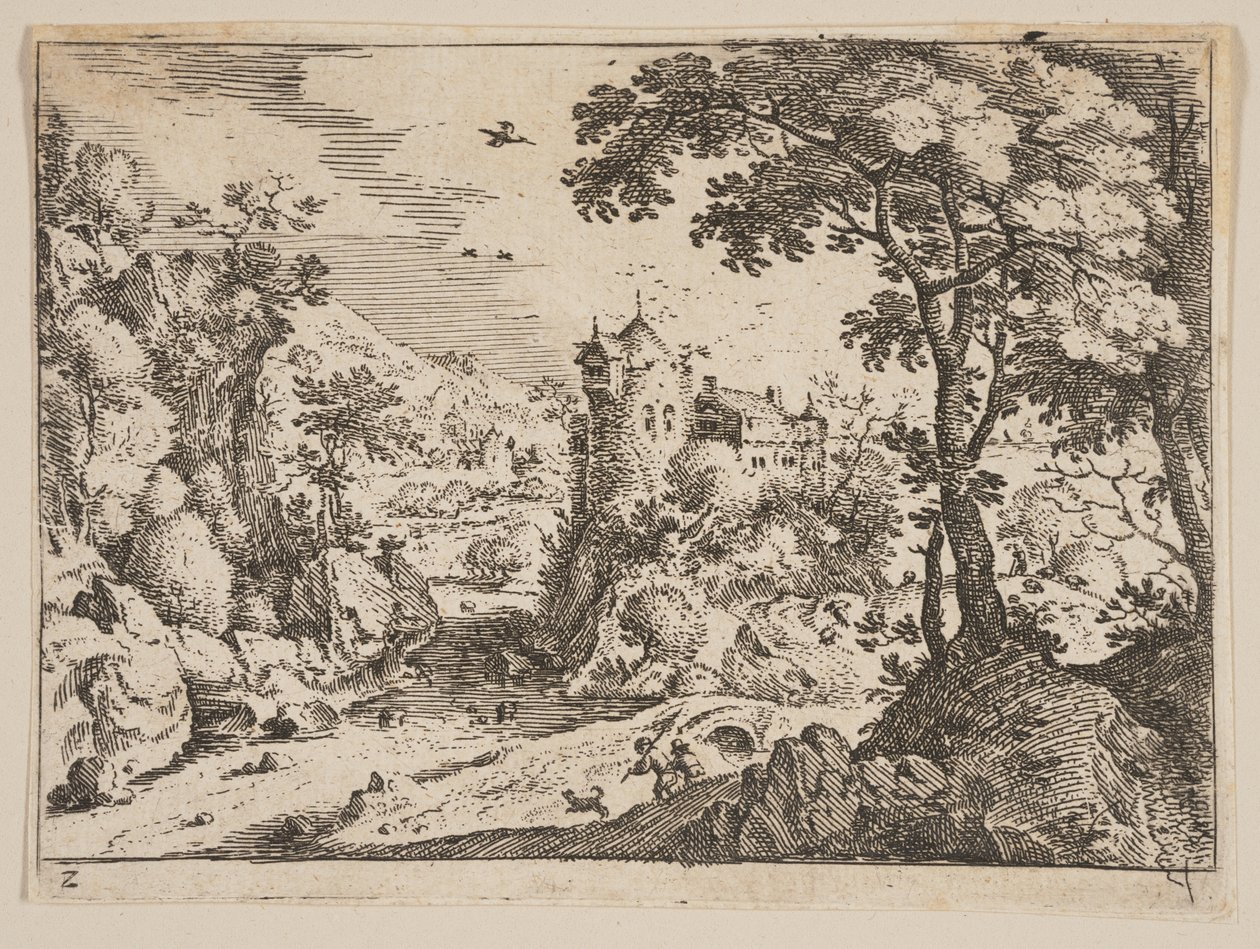 Riacho entre a encosta rochosa e o castelo, de Paisagens de Jacob Savery I