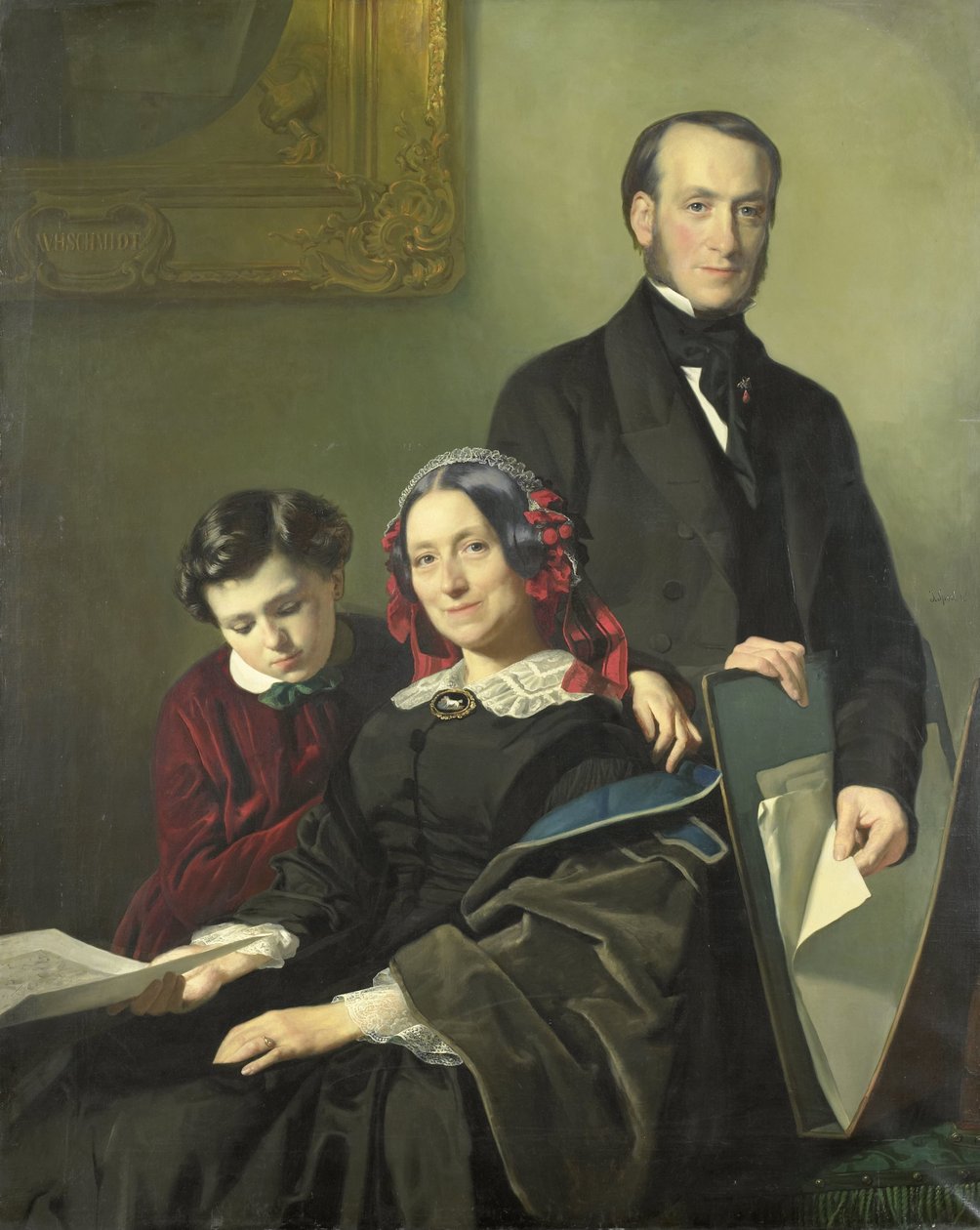A.J. Schmidt-Keiser, viúva do pintor Willem Hendrik Schmidt (1809-49), professor de Jacob Spoel, com o seu irmão J.N. Keiser e o seu filho de dez anos de Jacob Spoel