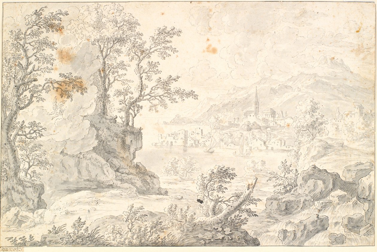Paisagem com uma cidade (Hamburgo?) até um lago ou vista para o mar de Jacob Stockmann