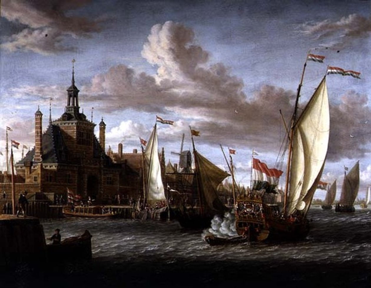 Um iate dos Estados da Zelândia a disparar uma salva ao largo do Dude Hoofdpoort, Roterdão (óleo sobre tela) de Jacob Storck