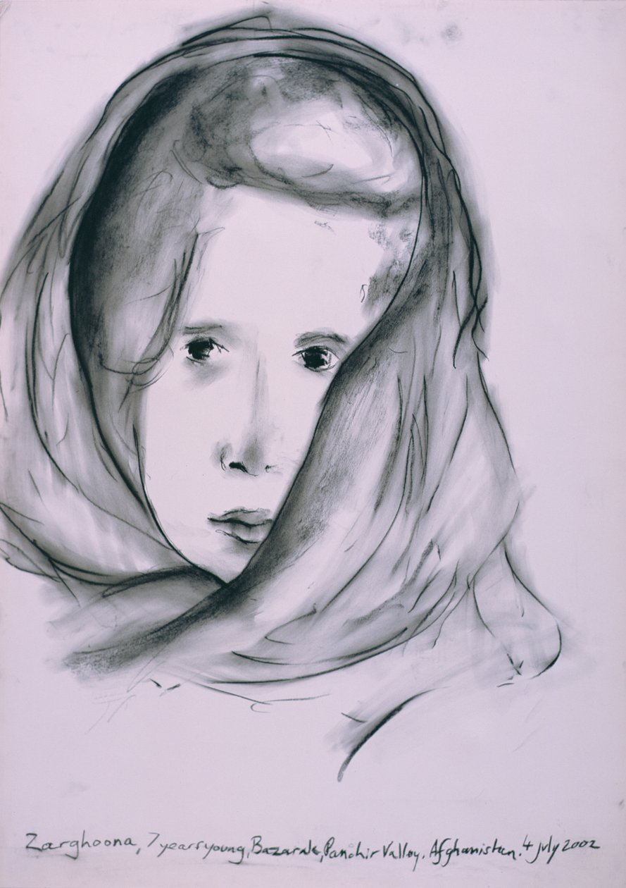 Zarghoona, Panshir Valley, Afeganistão, 4 de Julho de 2002 (carvão sobre papel) de Jacob Sutton