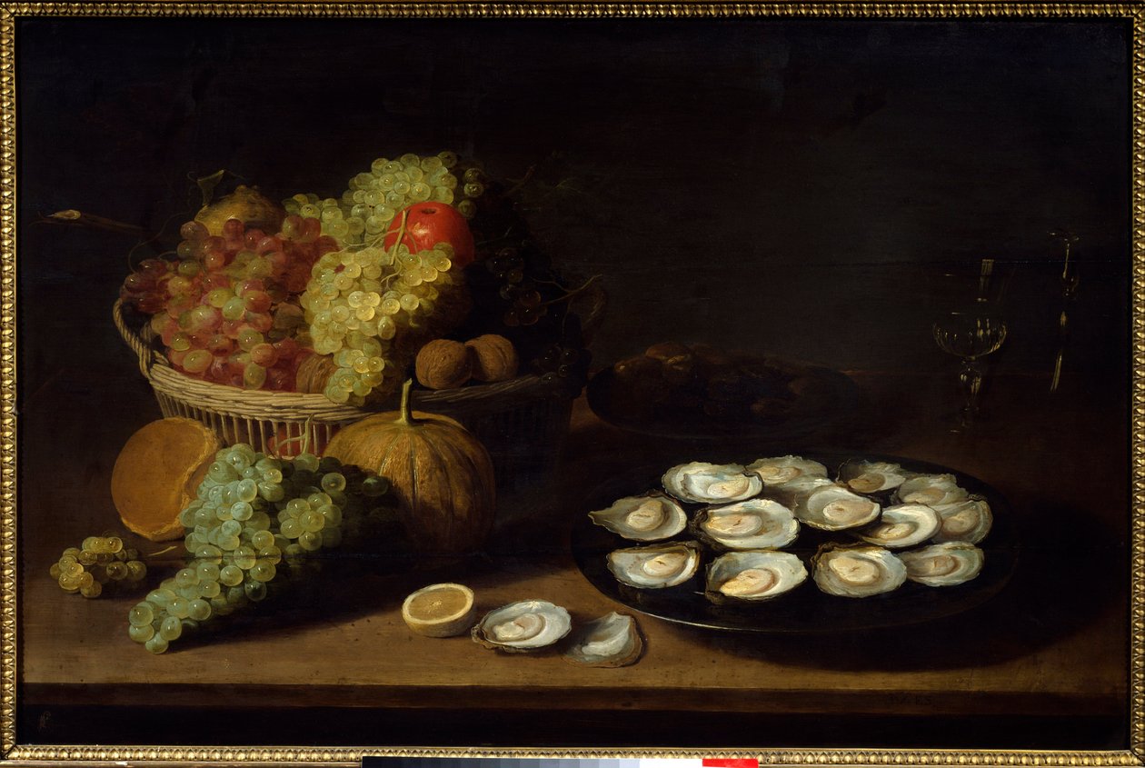Natureza morta, ostras e fruta. Pintura de Jacob Fopsen Van Es (ca. 1596-1666) Ec. Flam. de Jacob Van Es