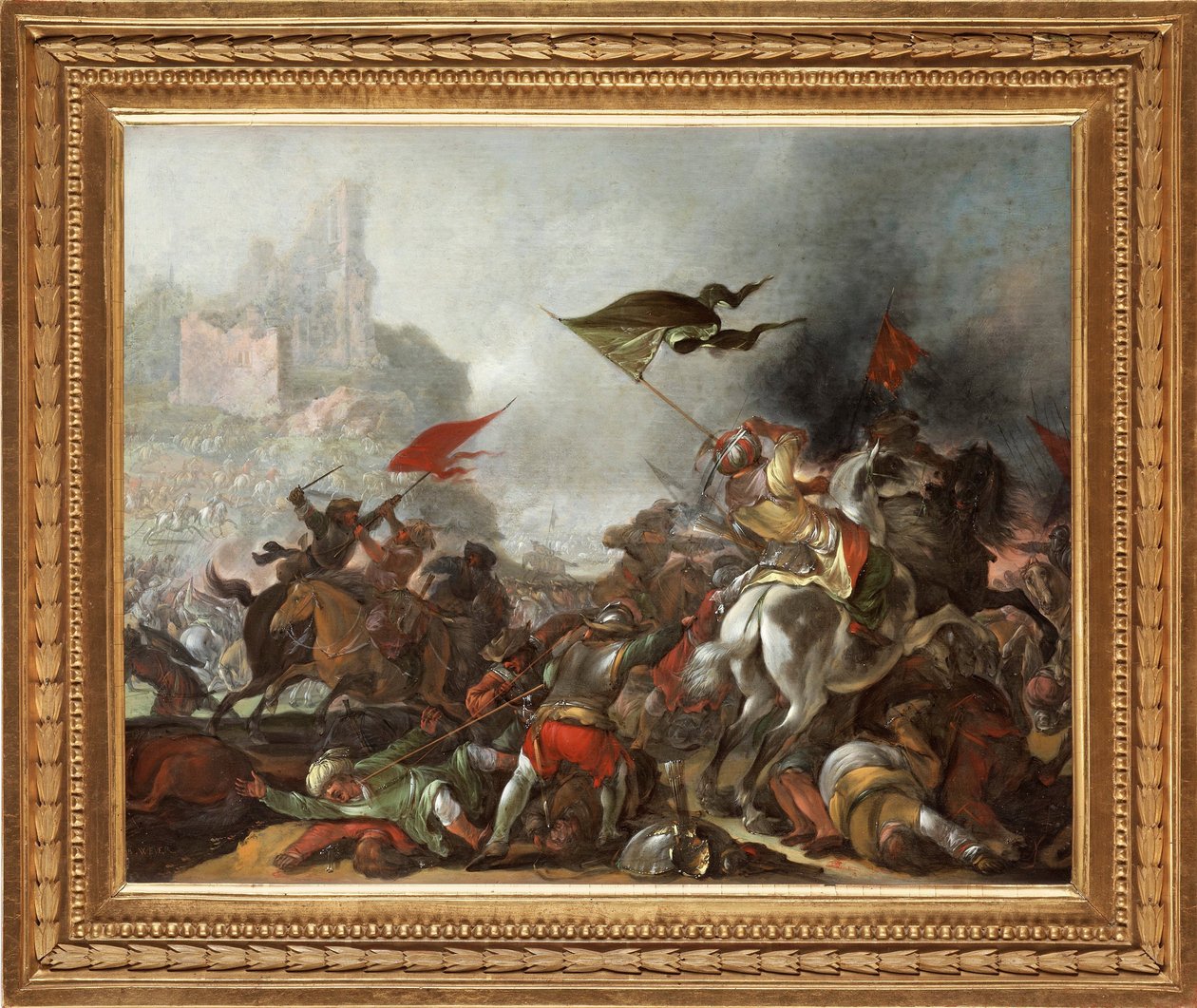 Batalha entre turcos e cristãos durante a captura de Constantinopla pelo exército otomano em 1453 - Pintura de Jacob Matthias Weyer (1620-1670), óleo sobre madeira (39x49 cm) - A Guerra Turca, Óleo sobre madeira de Jacob Matthias Weyer - Coleção Particular de Jacob Weyer