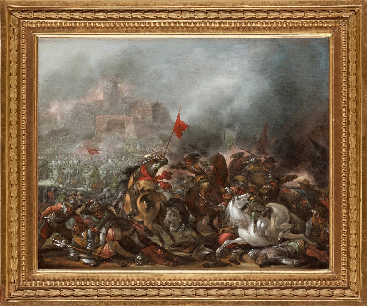 Batalha entre turcos e cristãos durante a captura de Constantinopla pelo exército otomano em 1453 - Pintura de Jacob Matthias Weyer (1620-1670), óleo sobre madeira (39x49 cm) - A Guerra Turca, Óleo sobre madeira de Jacob Matthias Weyer - Colecção Privada de Jacob Weyer