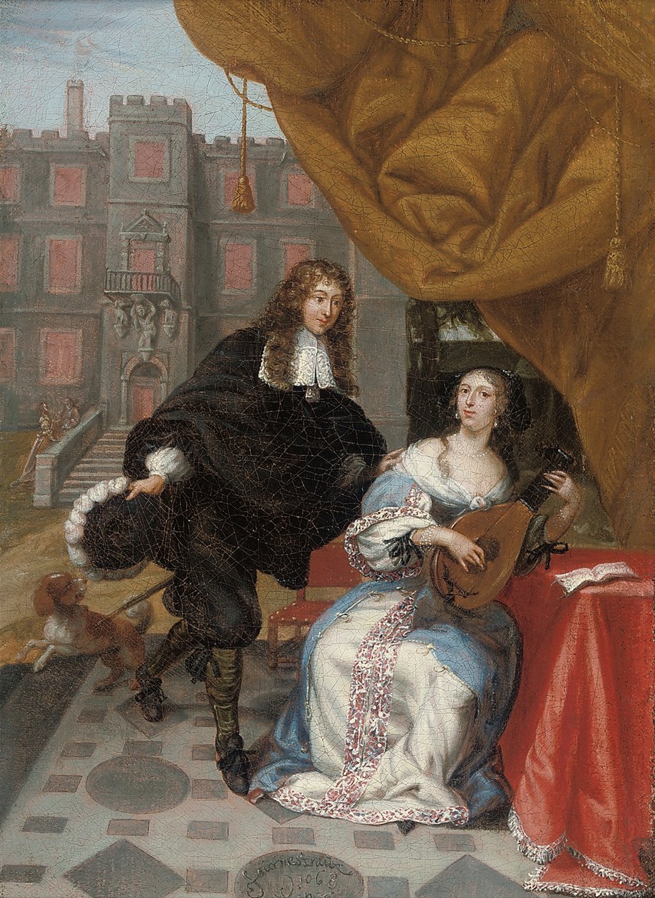 Um cavalheiro cortejando uma senhora fazendo música em um pátio, 1668 de Jacob de Fourmentrou