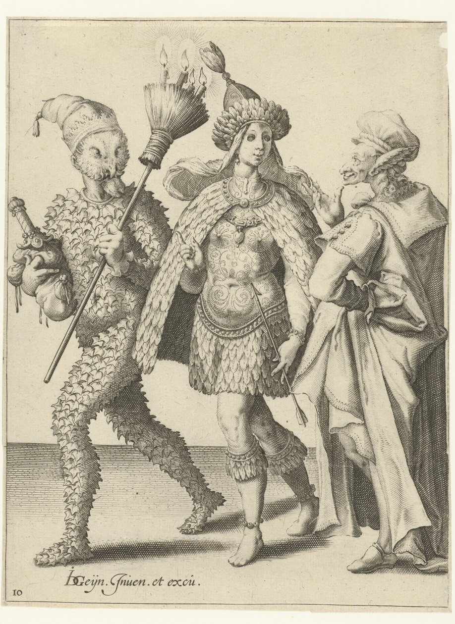 Três figuras mascaradas, uma delas com uma vassoura na qual as velas estão presas As Máscaras (título da série) de Jacob de Gheyn (II) (workshop of)